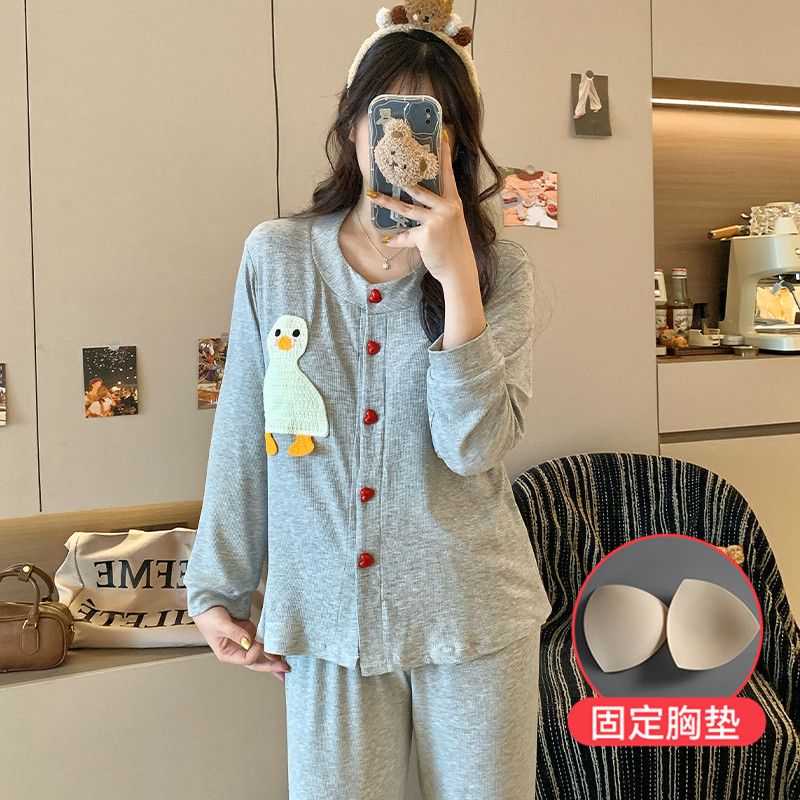 2025年新款卡通企鹅睡衣女款春秋季舒适亲肤带胸垫家居服长袖套装
