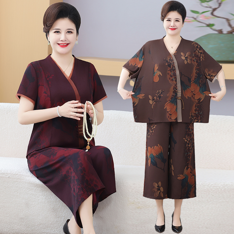 中老年人妈妈洋气夏装套装加肥胖婆婆特大码女装老人衣服加肥加大