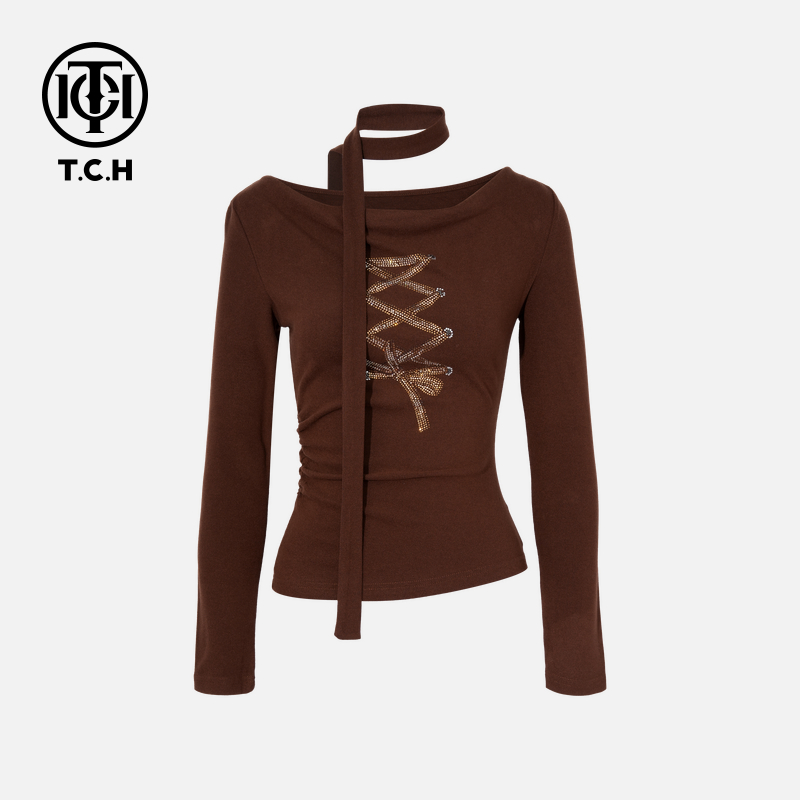 TCH私服烫钻工艺时尚百搭休闲咖色针织衫女T75C09E1081轻奢tch