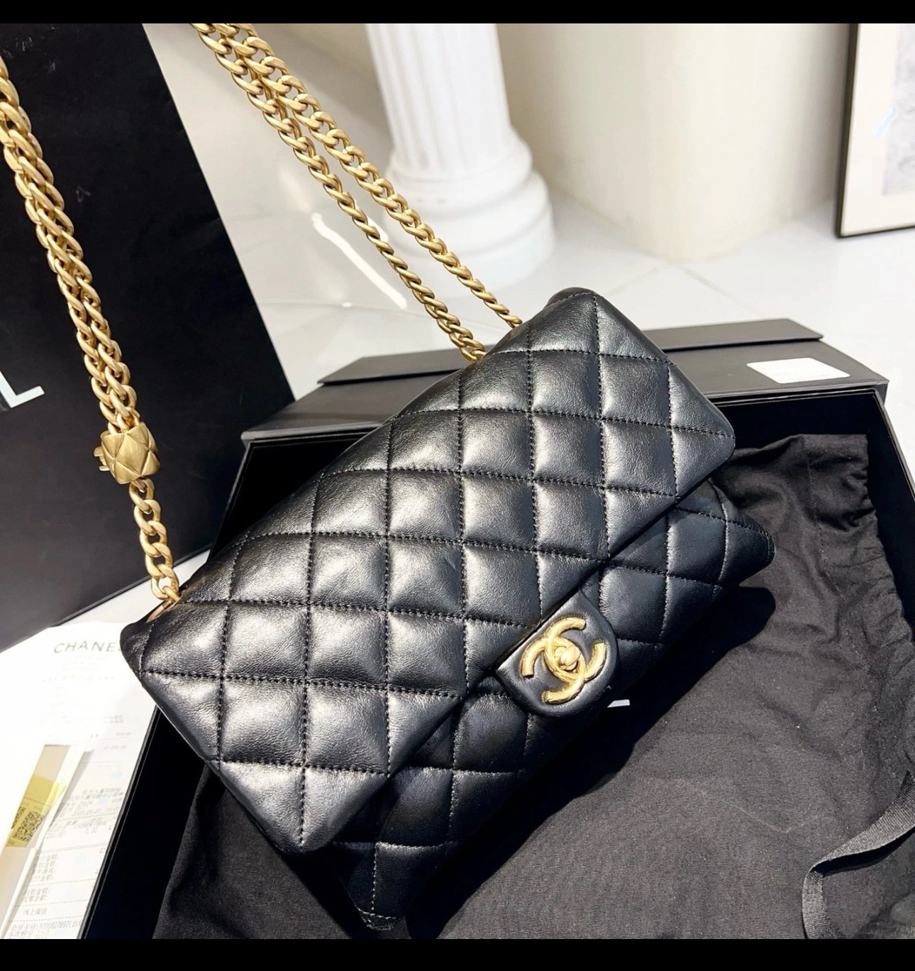 95新 Chanel/香奈儿 多多奢品/香奈儿黑金金柱风琴斜挎包/98新