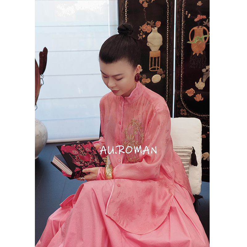 【桃雾生姿】桃粉色中式暗提花花苞领衬衫