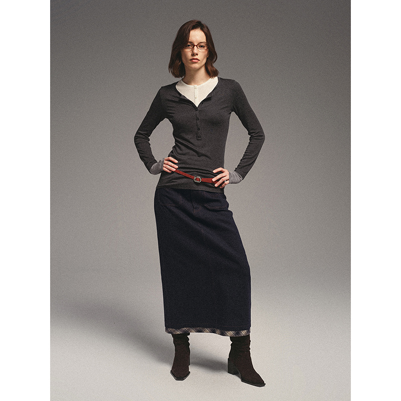 FLOWERSAYS：鼠曲草 纯真 经典撞色假两件亨利领修身T恤打底衫