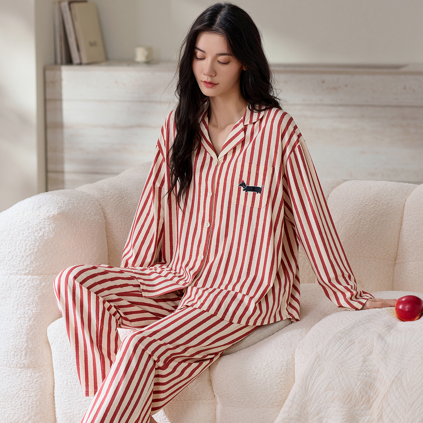 长袖长裤秋季女春秋长袖睡衣秋冬家居服几何图案翻领透气