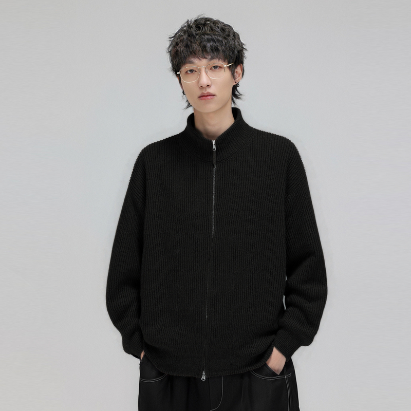 HERBEL/黑白2025秋季新款设计款男士极简风立领拉链休闲针织外套