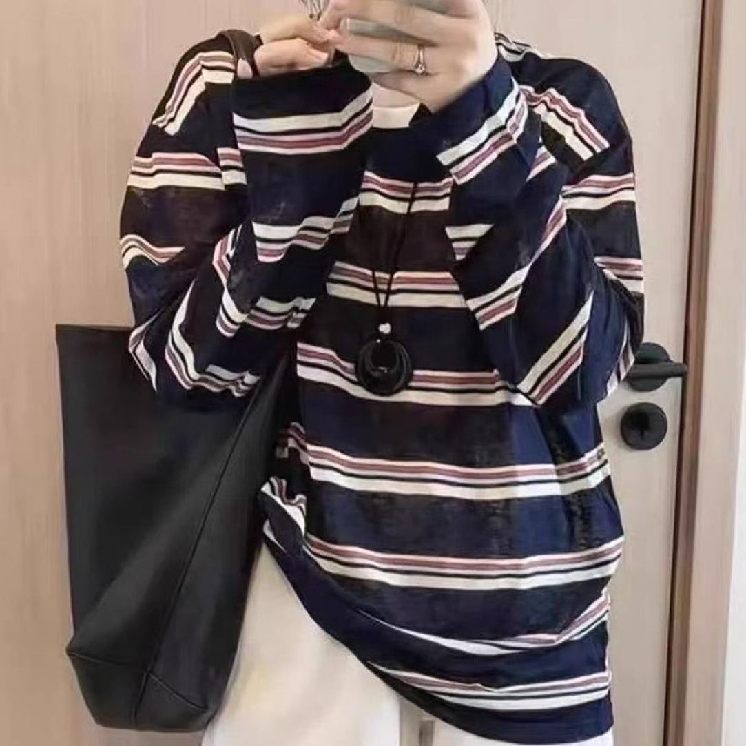 长袖老钱风条纹防晒中长款T恤针织潮流条纹纯欲风