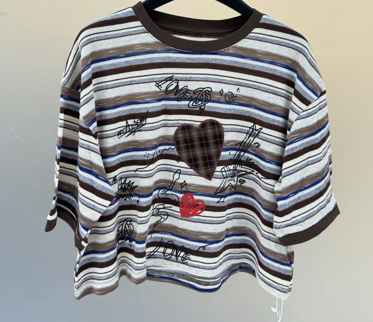 深圳南油高货ZZ条纹染色短袖特大码女式卡通T恤拼色韩版女士