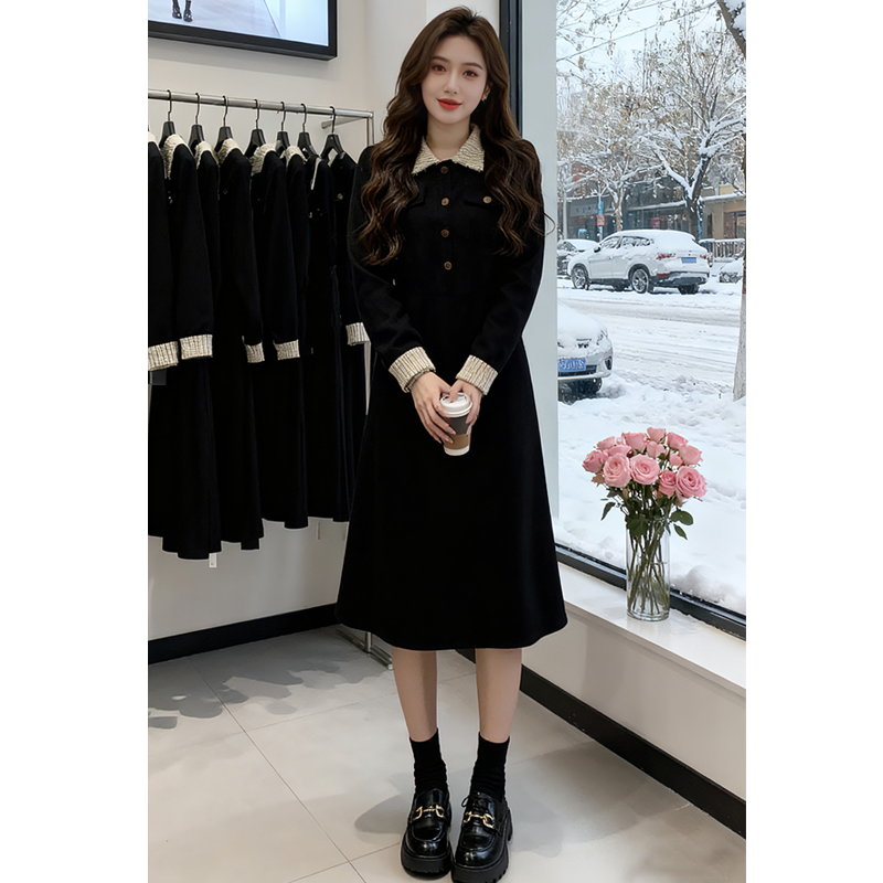 2025冬装女新款拼接假两件Polo显瘦百搭连衣裙8334