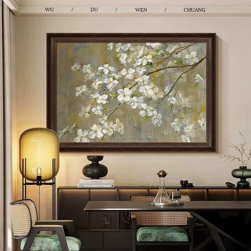 《花满春枝》法式中古风苹果花卉绿色复古餐厅卧室挂画