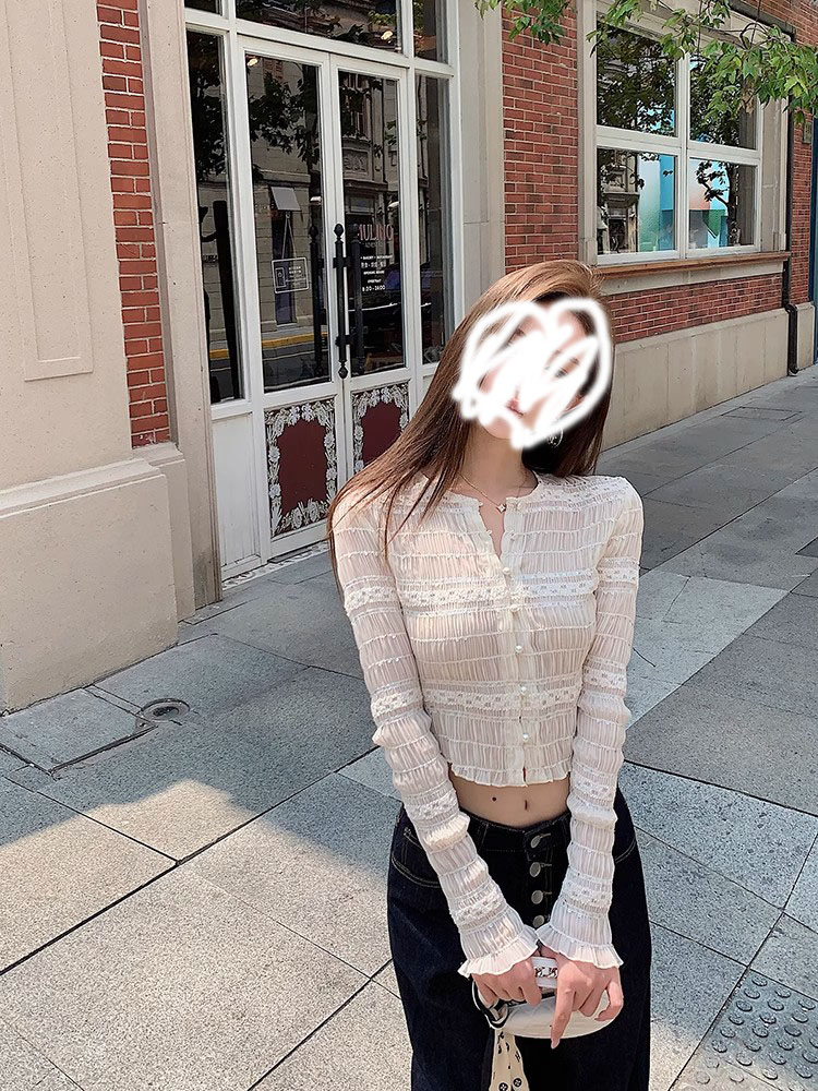 法式气质重工亮片褶皱长袖蕾丝衫女春秋季高级感纯色内搭显瘦上衣