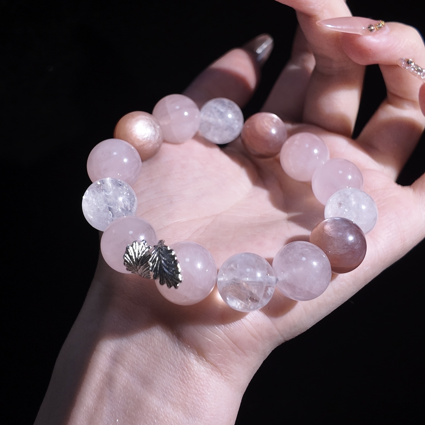 【蜜桃冰糖】天然水晶紫锂云母墨粉白阿塞原创爆款水晶手串