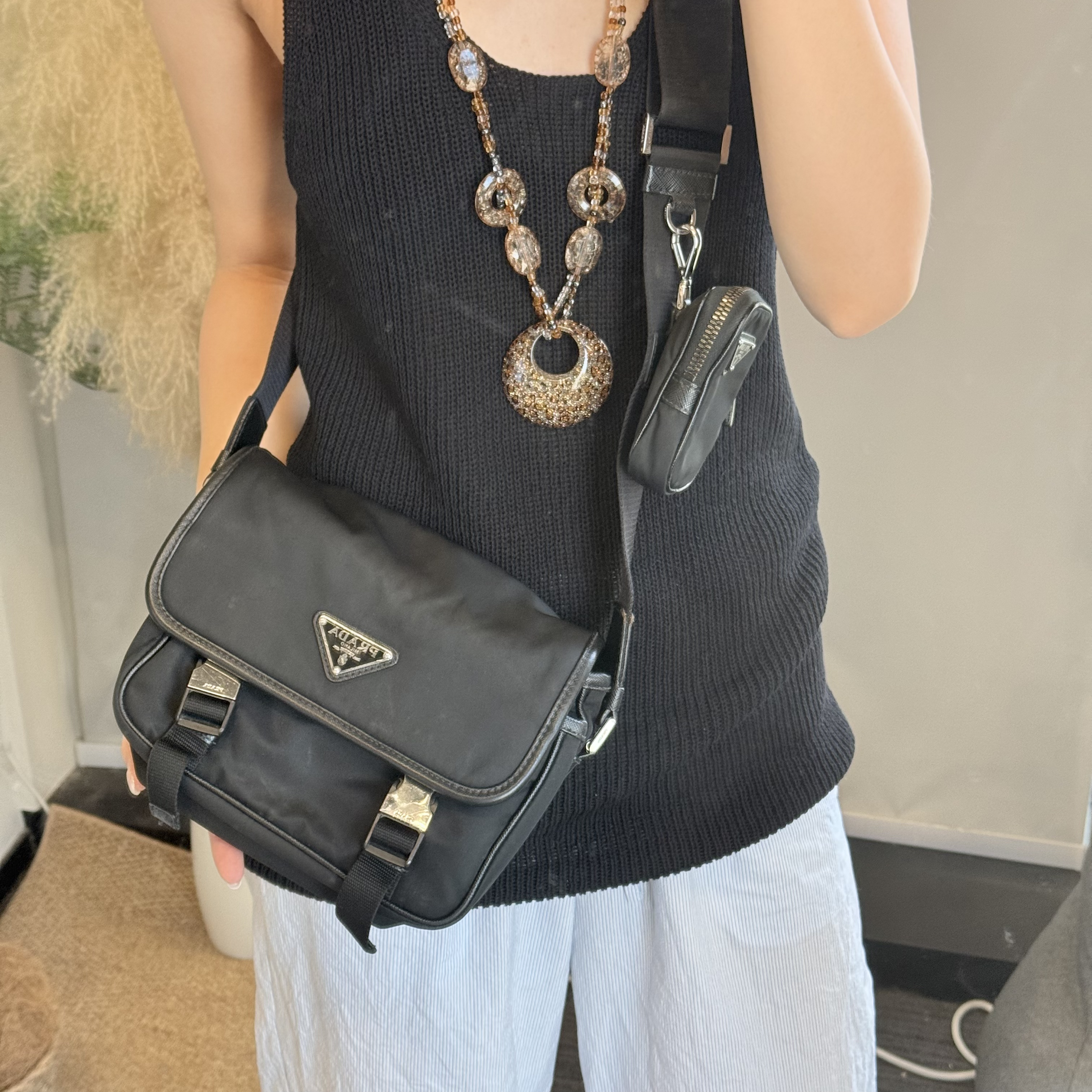 95新 Prada/普拉达 黑银小号三合一斜挎邮差包