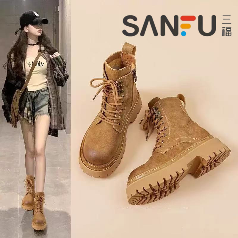 三福真皮马丁靴女春秋新款英伦风冬季加绒百搭短靴厚底增高大黄靴