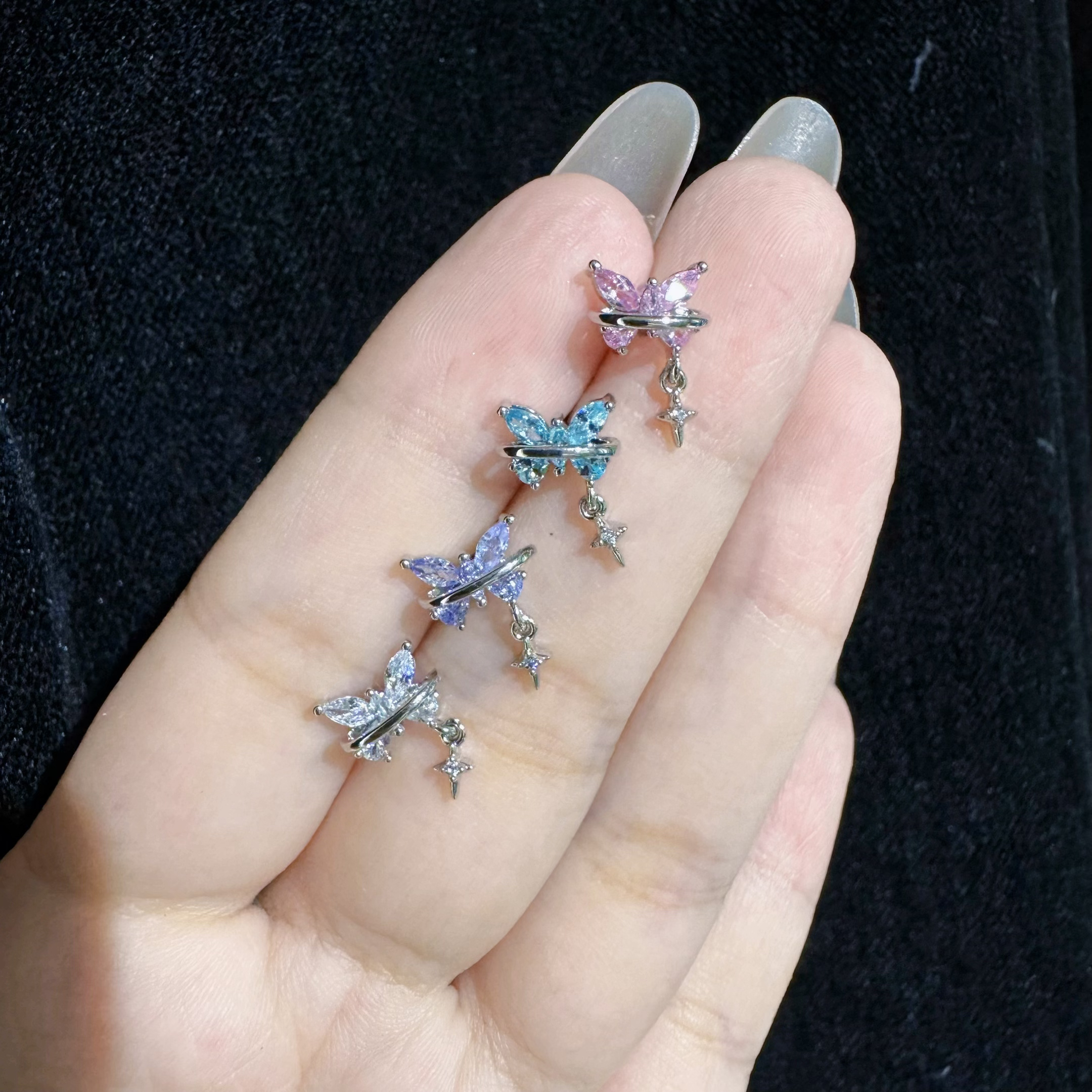 合金锆石耳饰 小众【D012】星轨蝴蝶耳钉耳骨钉1.2粗0.9牙口饰品头