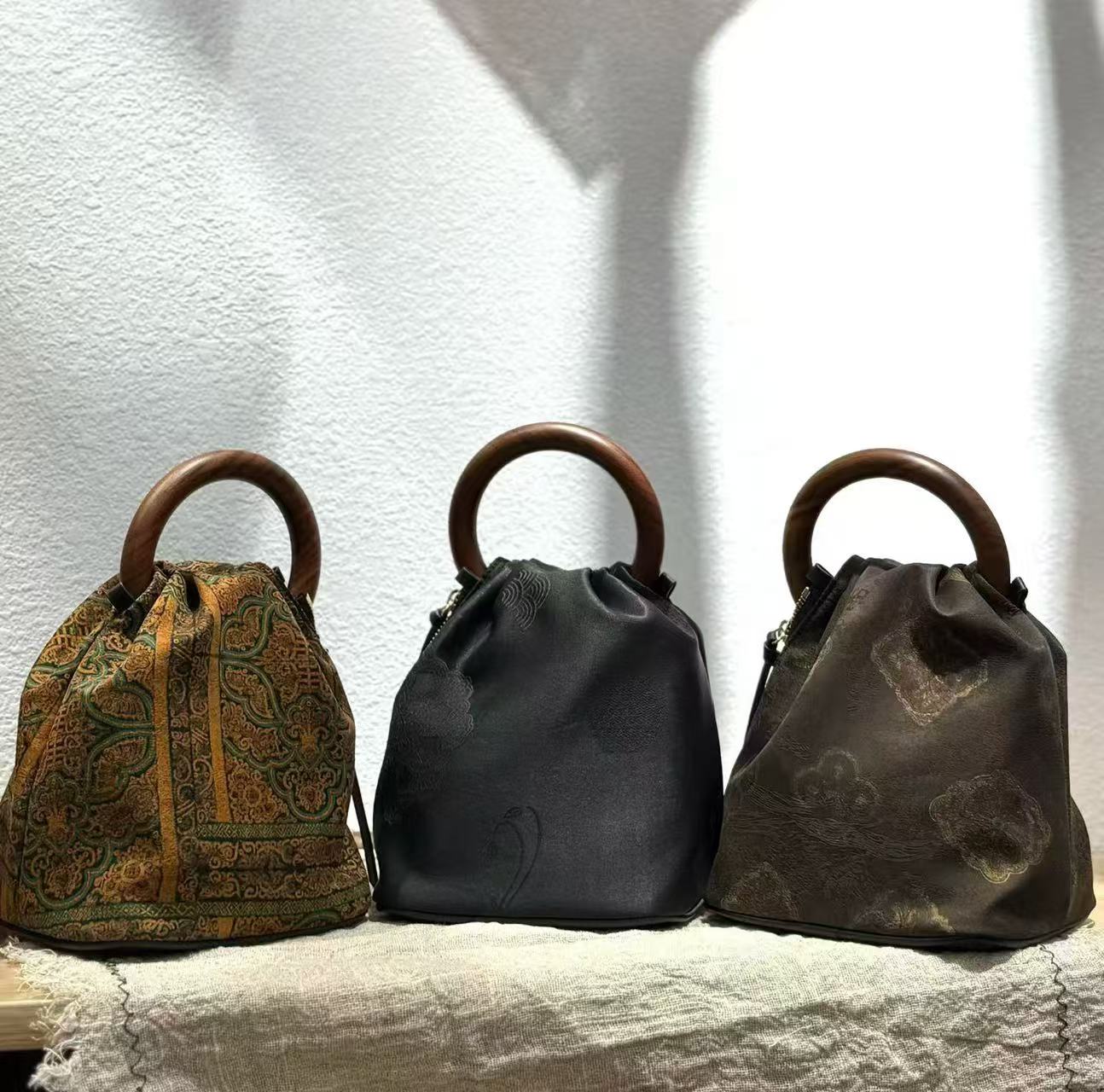 香云纱桑蚕丝两用包包新中式手提斜背水桶包16✖️15✖️18