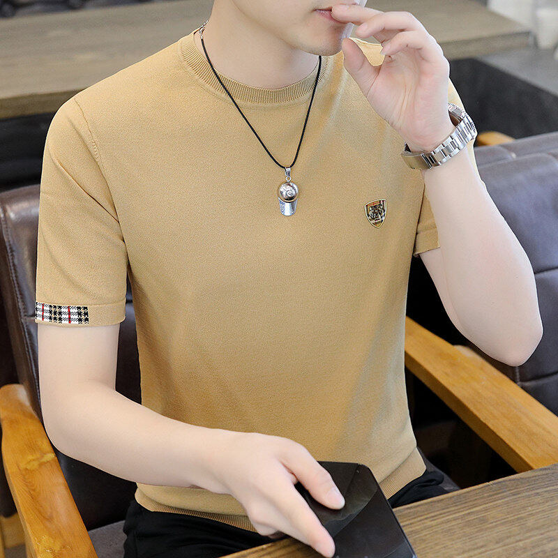 针织短袖t恤男士潮牌夏季新款冰麻圆领体恤衫半袖百搭上衣T薄欧版