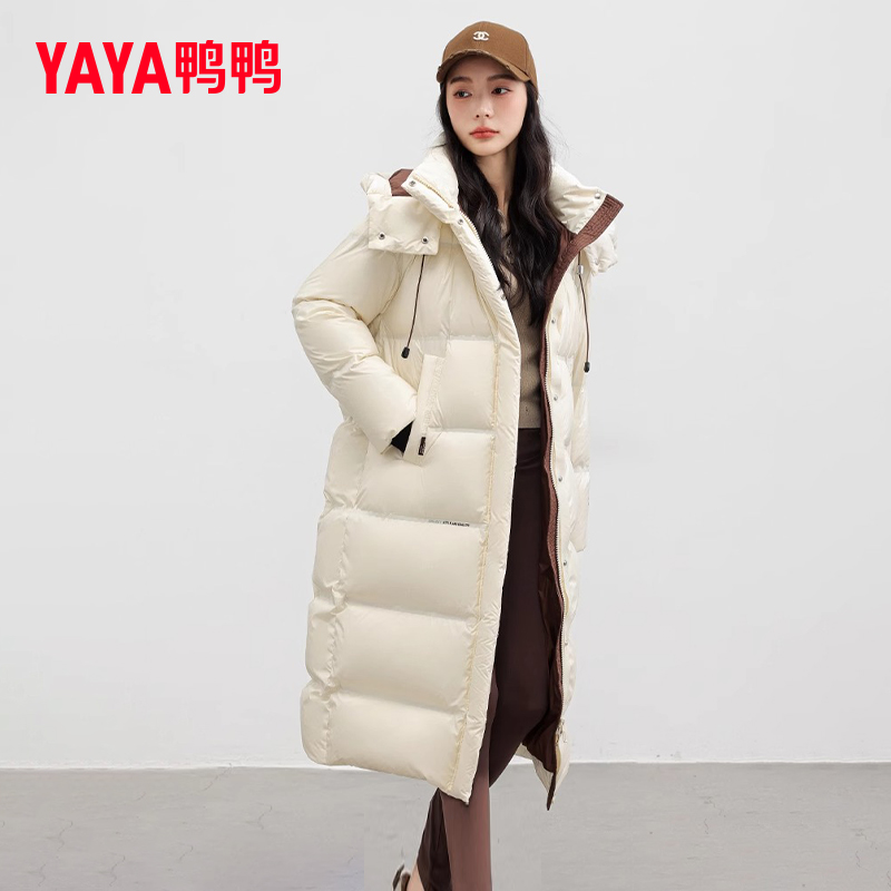 YAYA/鸭鸭长款过膝羽绒服女2025年冬季新款时尚连帽加厚保暖外套