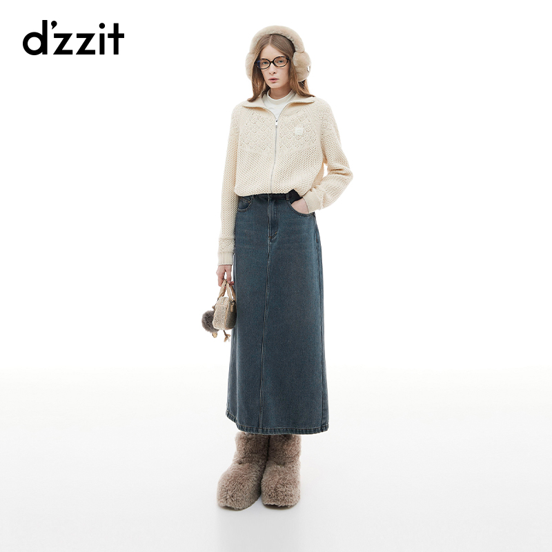 dzzit地素针织衫复古挑洞镂空羊毛混纺米白色开衫外套女3I4E559