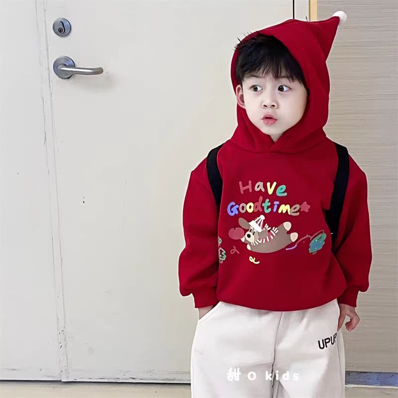 男女童套装加绒红色2025秋冬连帽卫衣过年裤子圣诞节