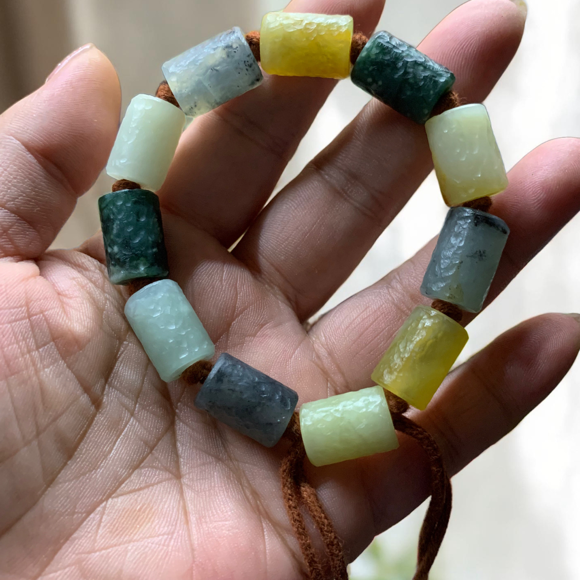 天然岫玉手工锤纹多宝桶珠手串男女同款