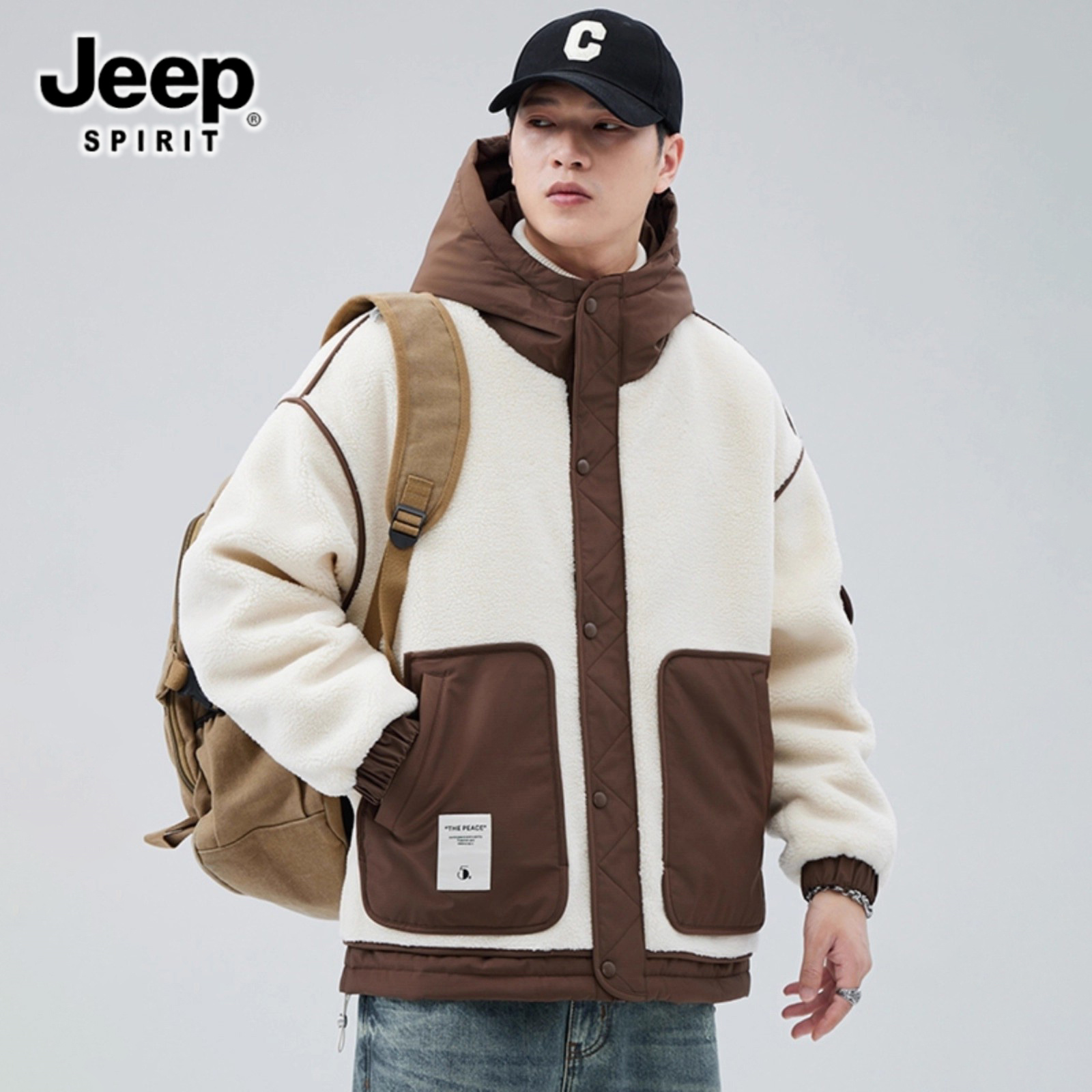 JEEP吉普加厚连帽羽绒服男士冬季潮牌鸭绒保暖拼接撞色羊羔绒外套