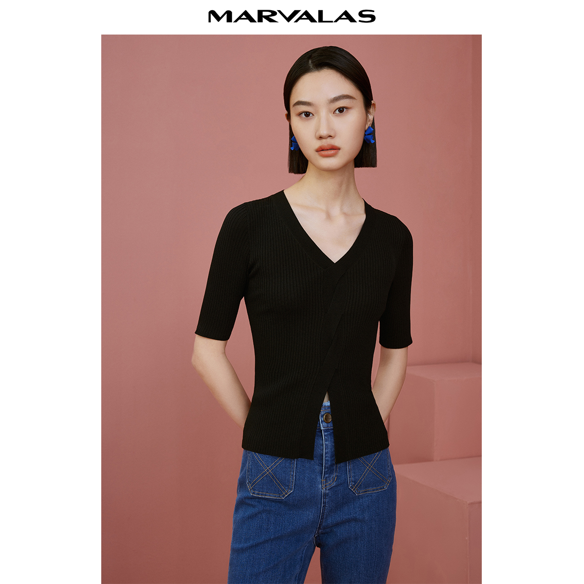 【羊羊专属】Polo领棉质套头衫撞色设计感短袖针织衫M733100853