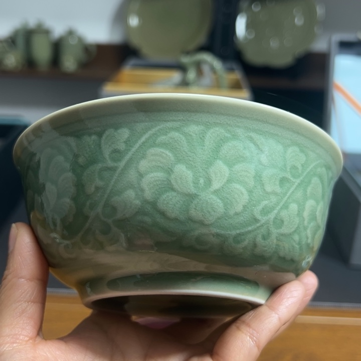 耀州窑青釉折枝牡丹碗5.5英寸1只