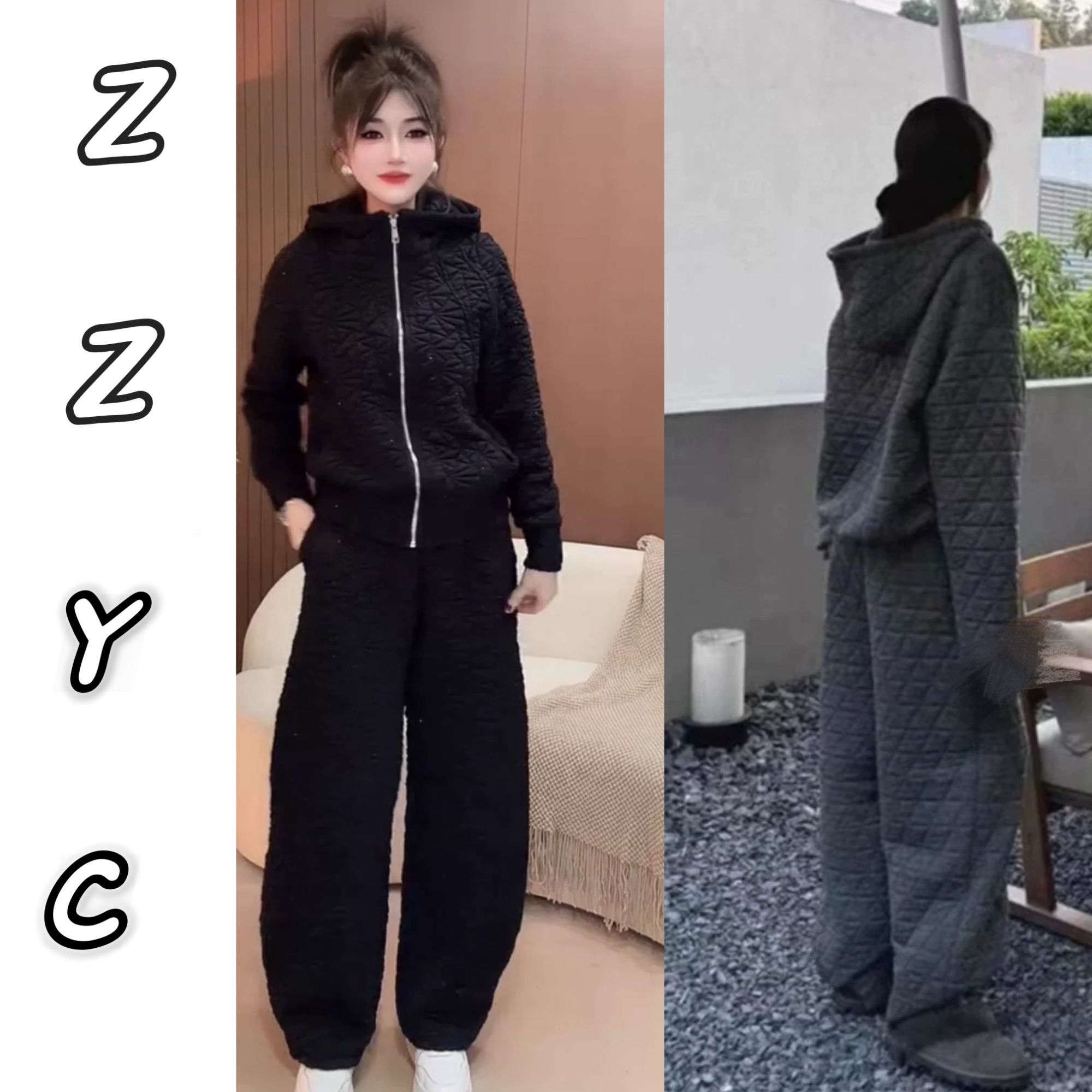 ZZ赵赵2028爆款加厚满天星压纹烫砖外套➕裤子秋冬保暖显瘦2两件套
