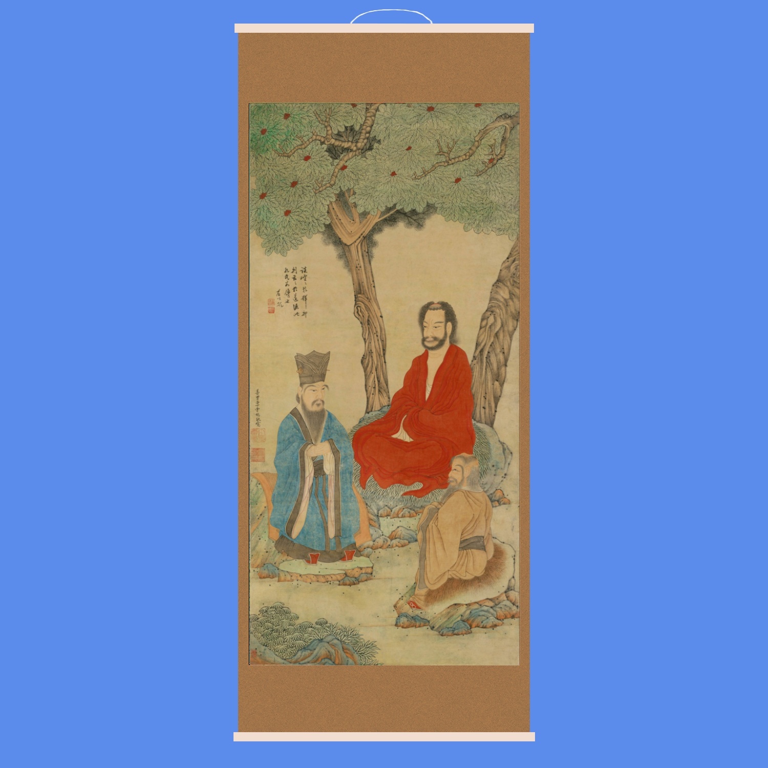 明 清 儒释道三教初祖像保平安佛像挂画卷轴丝绸壁画玄关供奉像