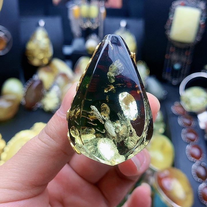 琥珀裸石银S925镶嵌戒指