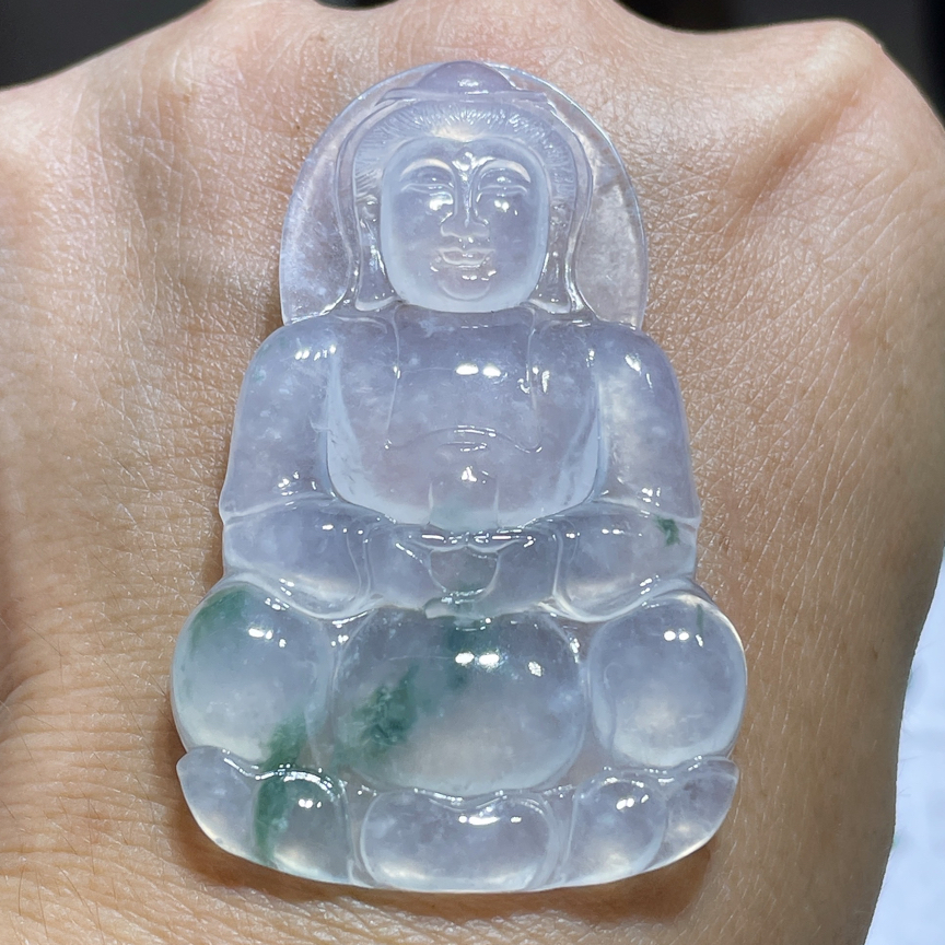 缅甸翡翠A货冰种飘花大件厚装观音吊坠，53.9-34.5-5.0