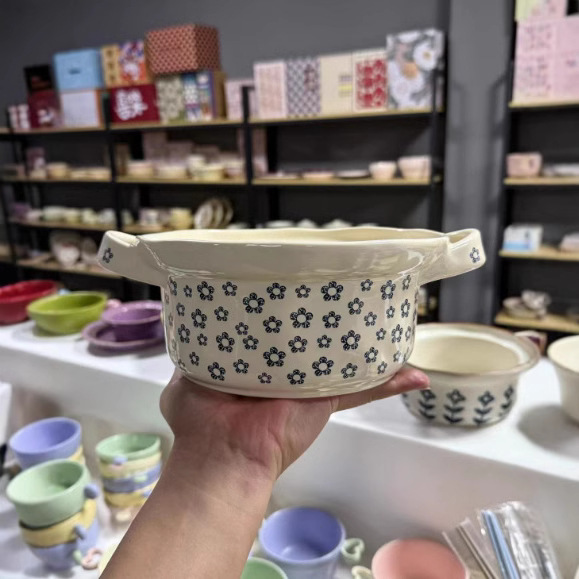 新款新器型高颜值ins简约蓝朵朵系列汤碗饭碗味碟深盘双耳泡面碗