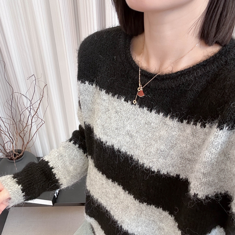 卷边领锯齿条纹撞色长袖圆领上衣宽松韩版秋冬季新款慵懒风毛衣女