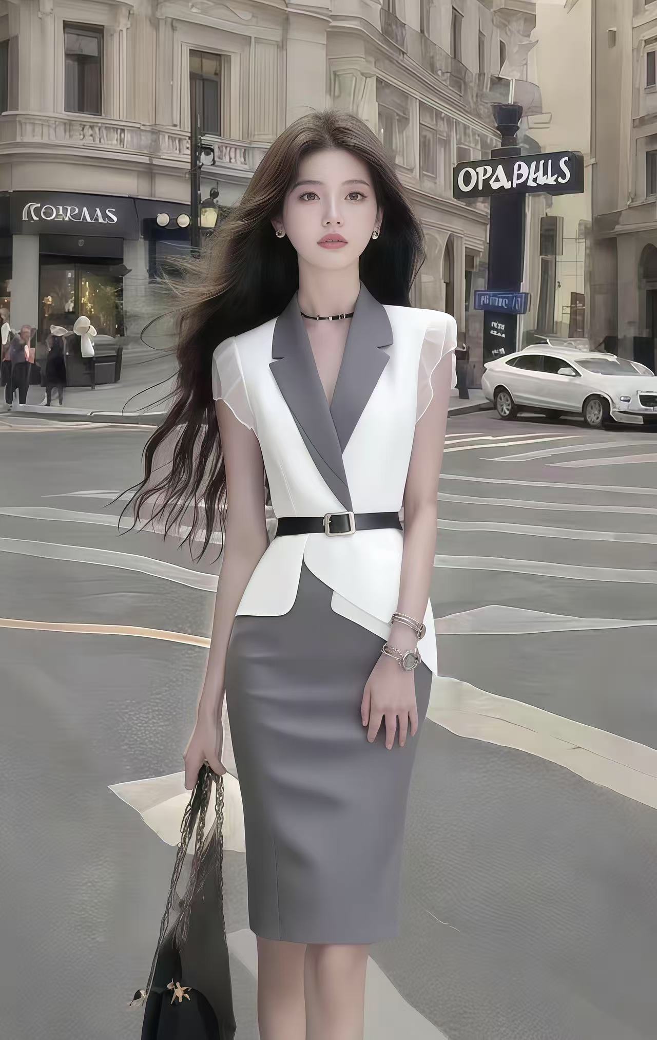 温柔知性风白色V领短袖修身上衣+灰色包臀百搭显瘦半身裙女套装