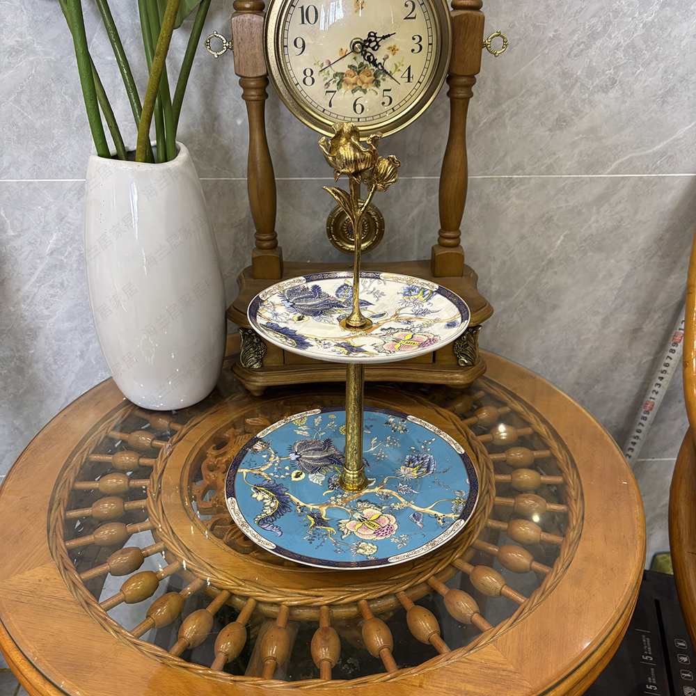 全铜骨瓷真金描金双层铜配瓷陶瓷水果盘