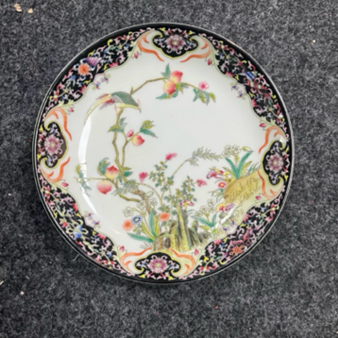 乌金釉花鸟赏盘手工手绘