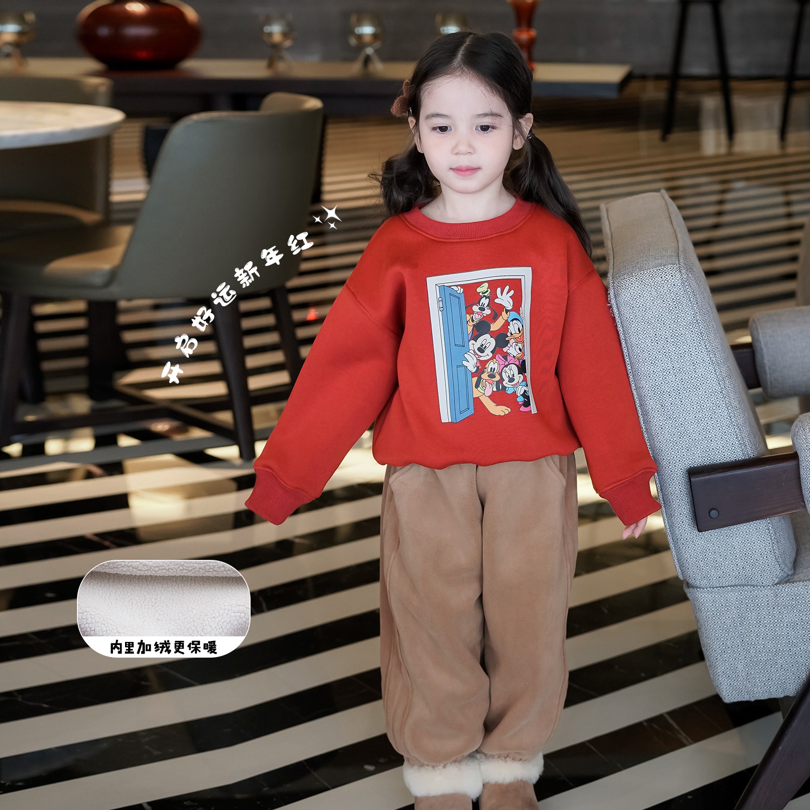 AnnieGirl冬季圣诞新年红色卫衣加绒男女童休闲百搭卡通圆领2024