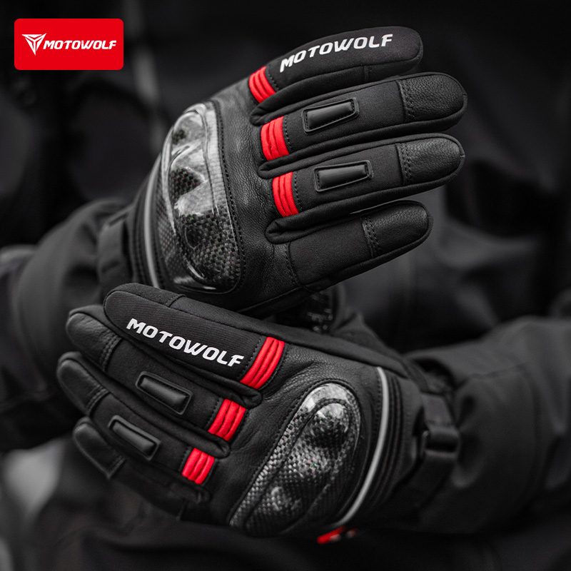 摩多狼冬季摩托车骑行手套触屏碳纤维加绒保暖加厚全指防风防水男