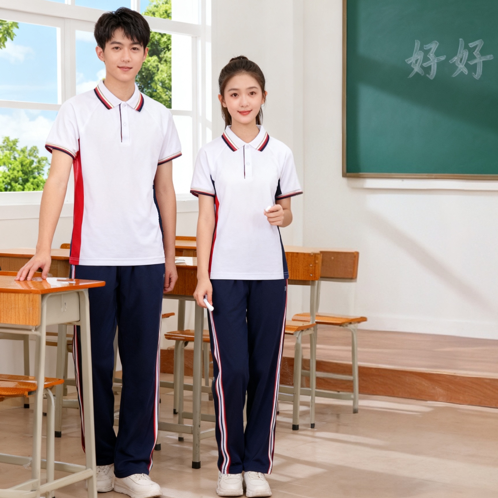 润克【江西吉安校服中学夏季套装】初高中生短袖长裤款式运动宽松