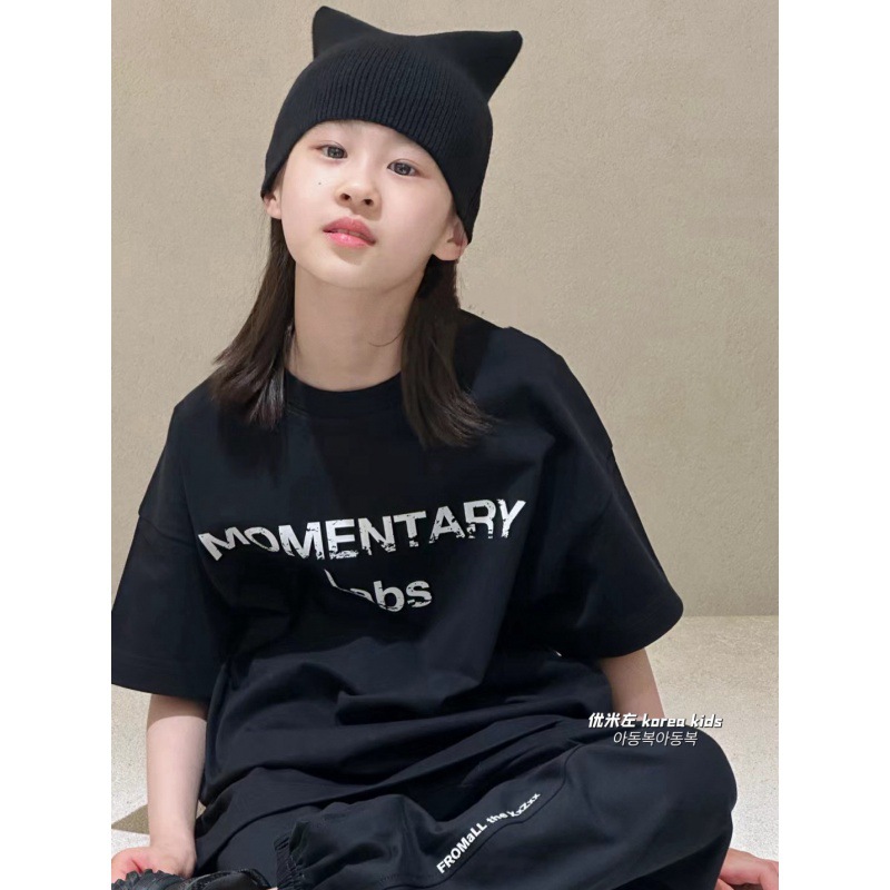 【YBKkids04】韩国童装上衣男女儿童短袖t恤夏装中大童黑色潮牌字母