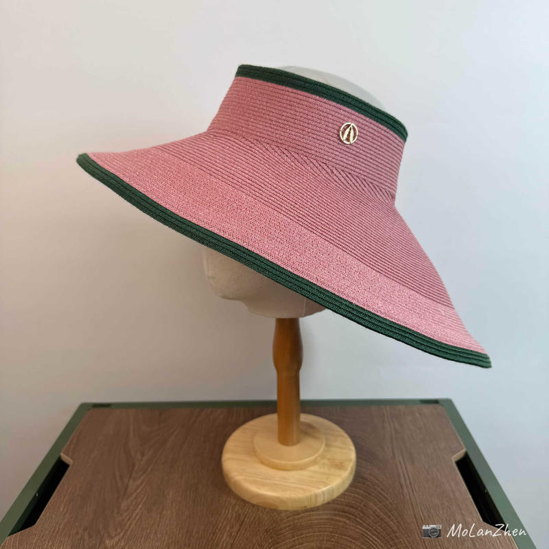赫本风环绕式全遮脸空顶草帽前短后长拼色大帽檐可折叠防晒遮阳帽