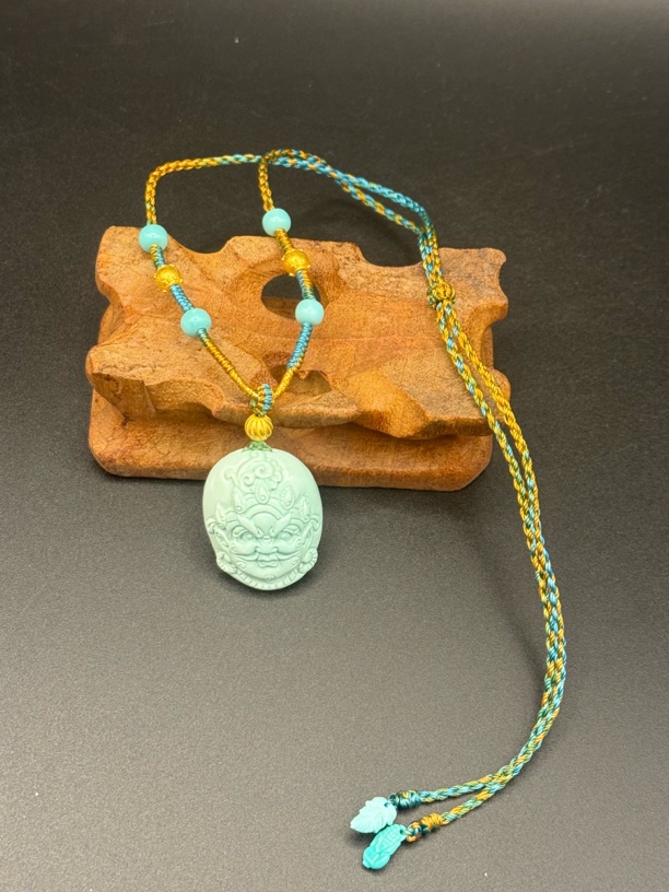 财宝天王黄财神绿松石手工编织项链搭配18k金