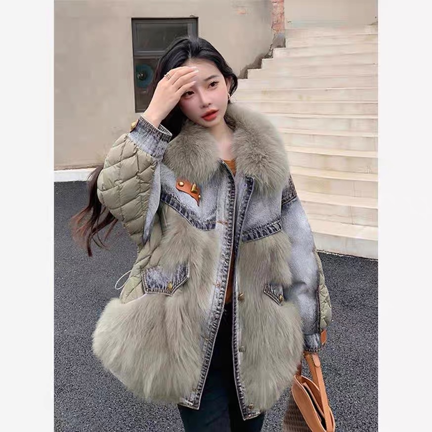 冬季爆款绒加厚时尚女中长款拼接羽绒服外套#8820