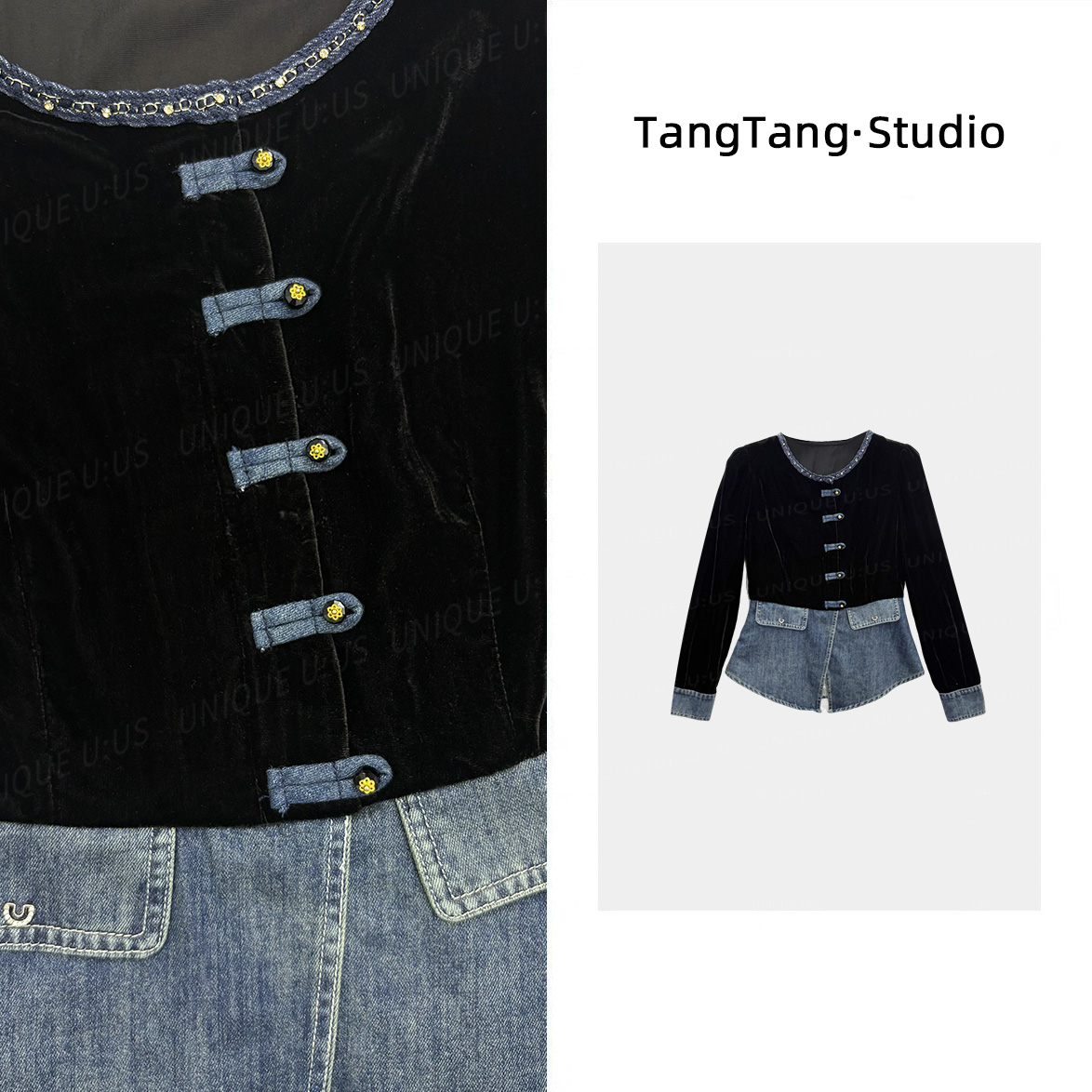 【TangTang·Studio】国风牛仔丝绒高级气质显瘦女装上衣-256331
