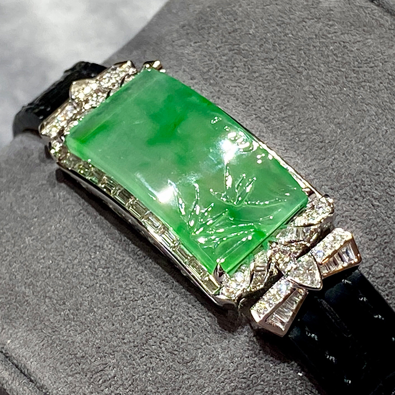 玻璃底飘阳绿竹节手牌吊坠裸石26.8×13.7×3.2