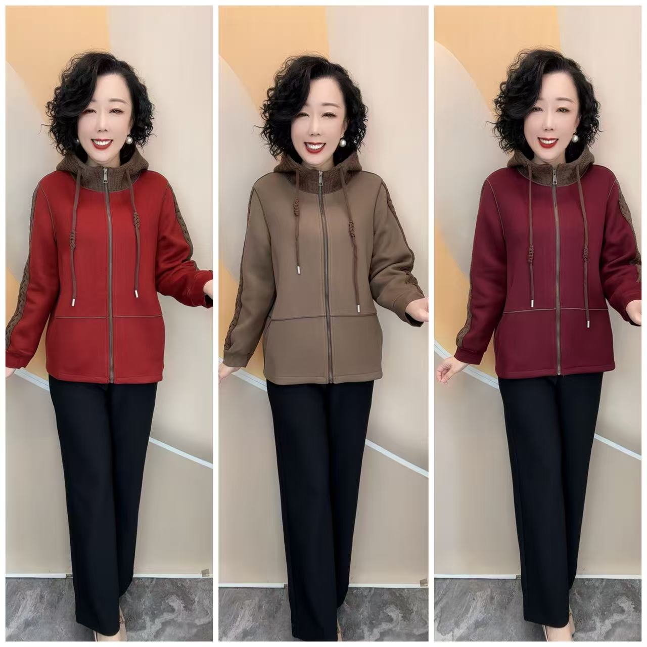 2508新款中老年妈妈宽松大码休闲帽款厚外套，衣长67