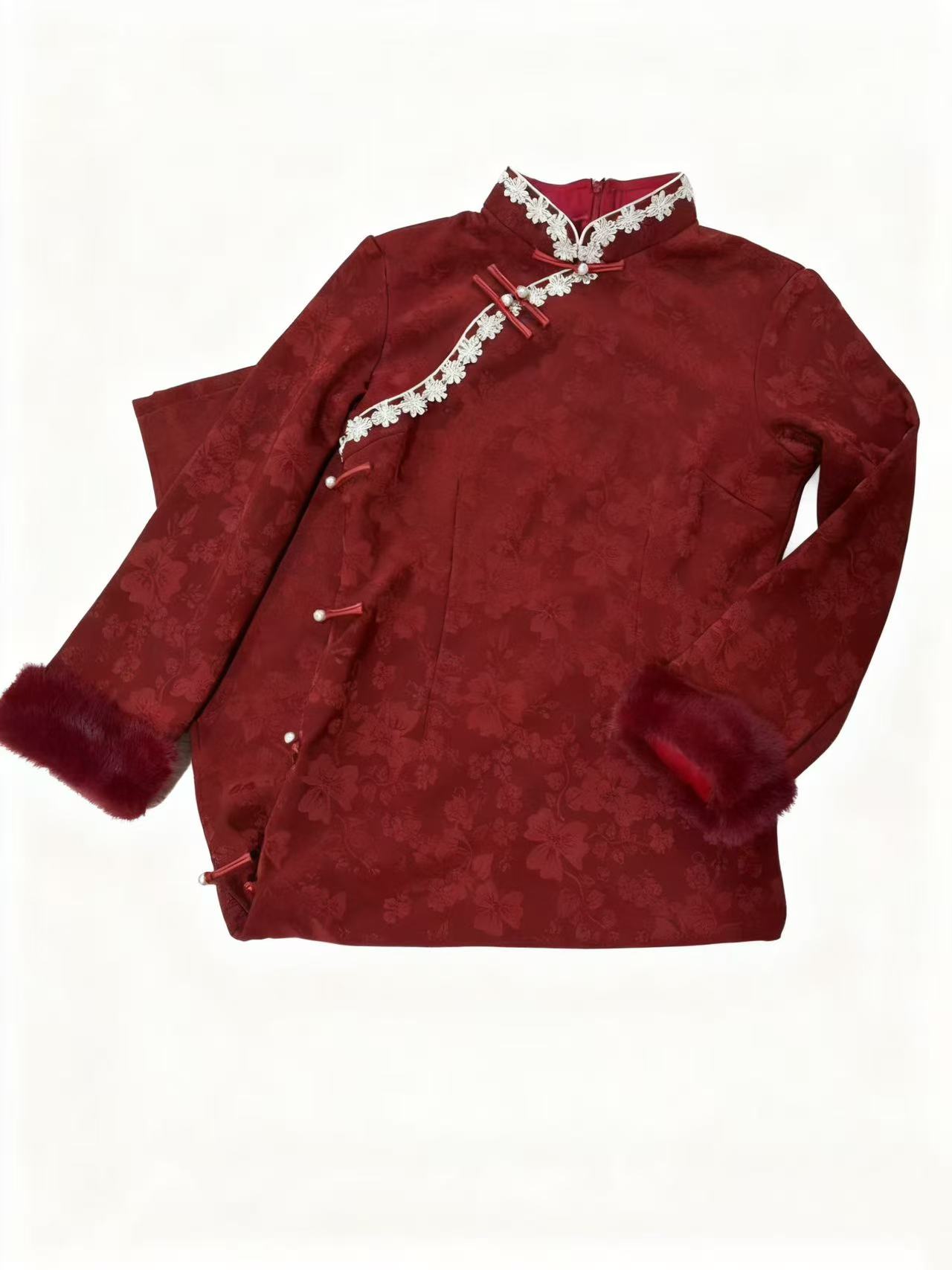 深红色冬季旗袍长袖复古加绒加厚中国风中式喜庆提花纯色气质日常