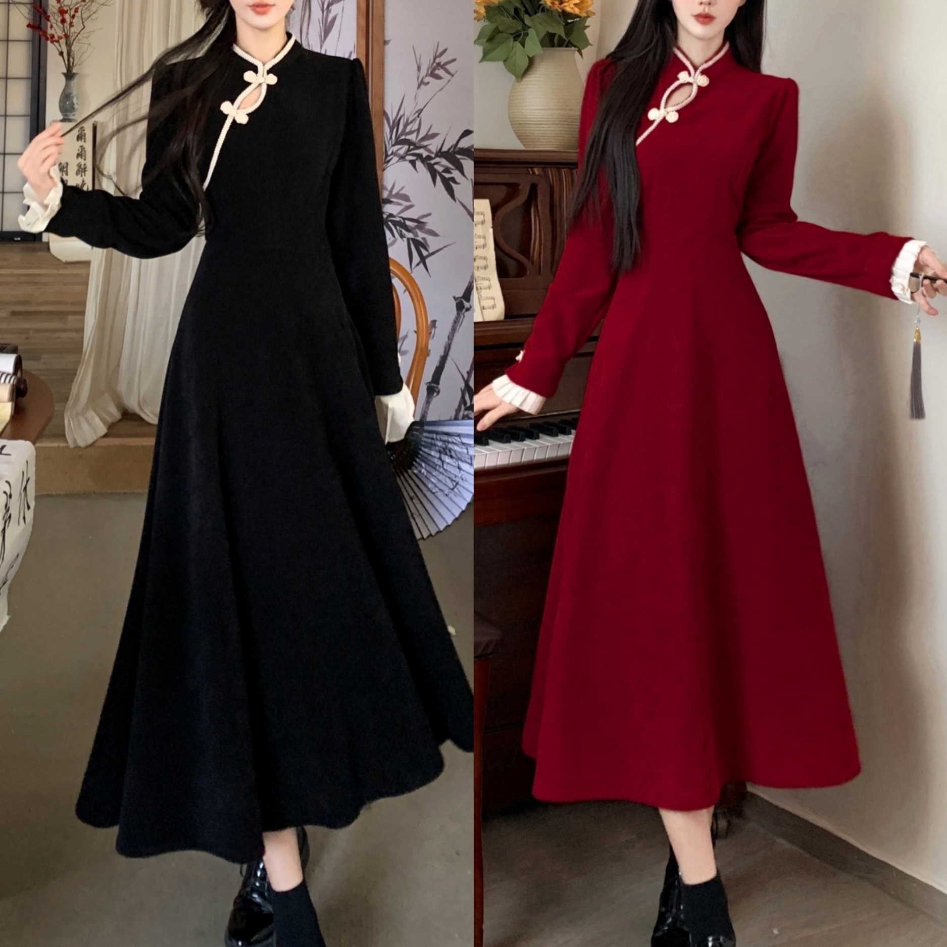 新中式国风大码连衣裙女秋冬胖mm显瘦新年战袍高级感改良旗袍长裙