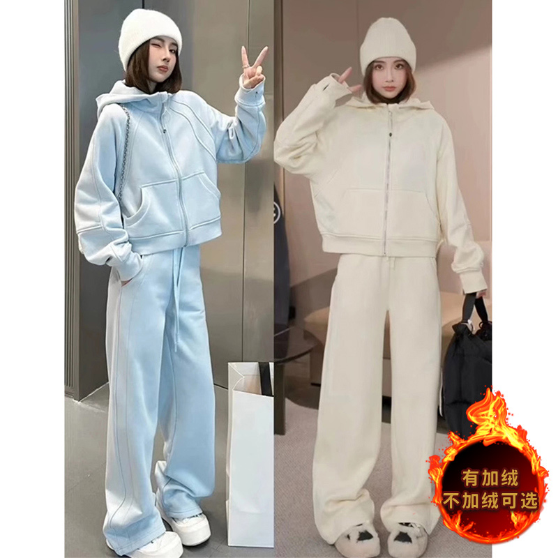 时尚套装韩系气质简洁运动套装女春季新款拉链开衫连帽卫衣直筒裤