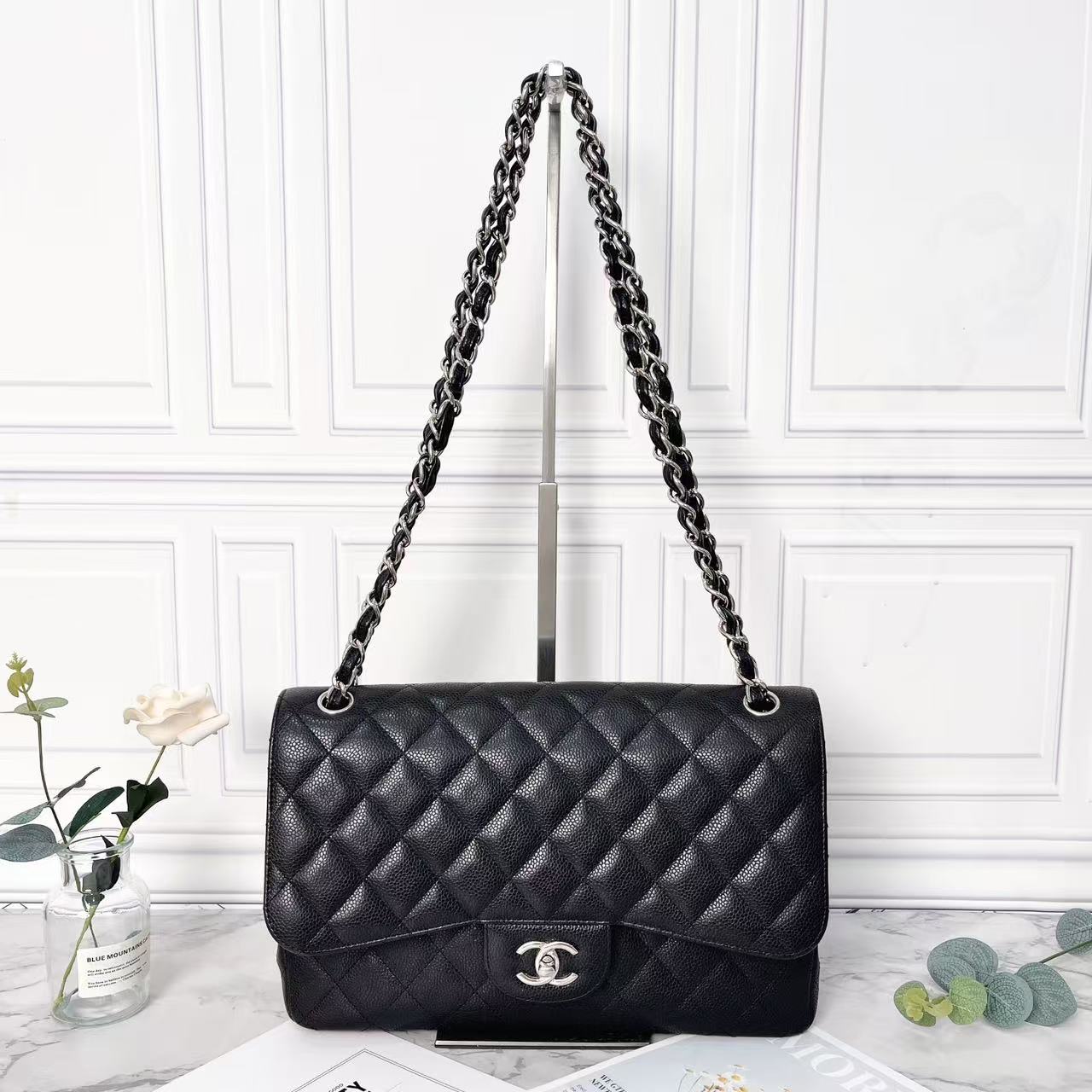 95新 Chanel/香奈儿 黑色荔枝皮jumboCF单肩包时尚