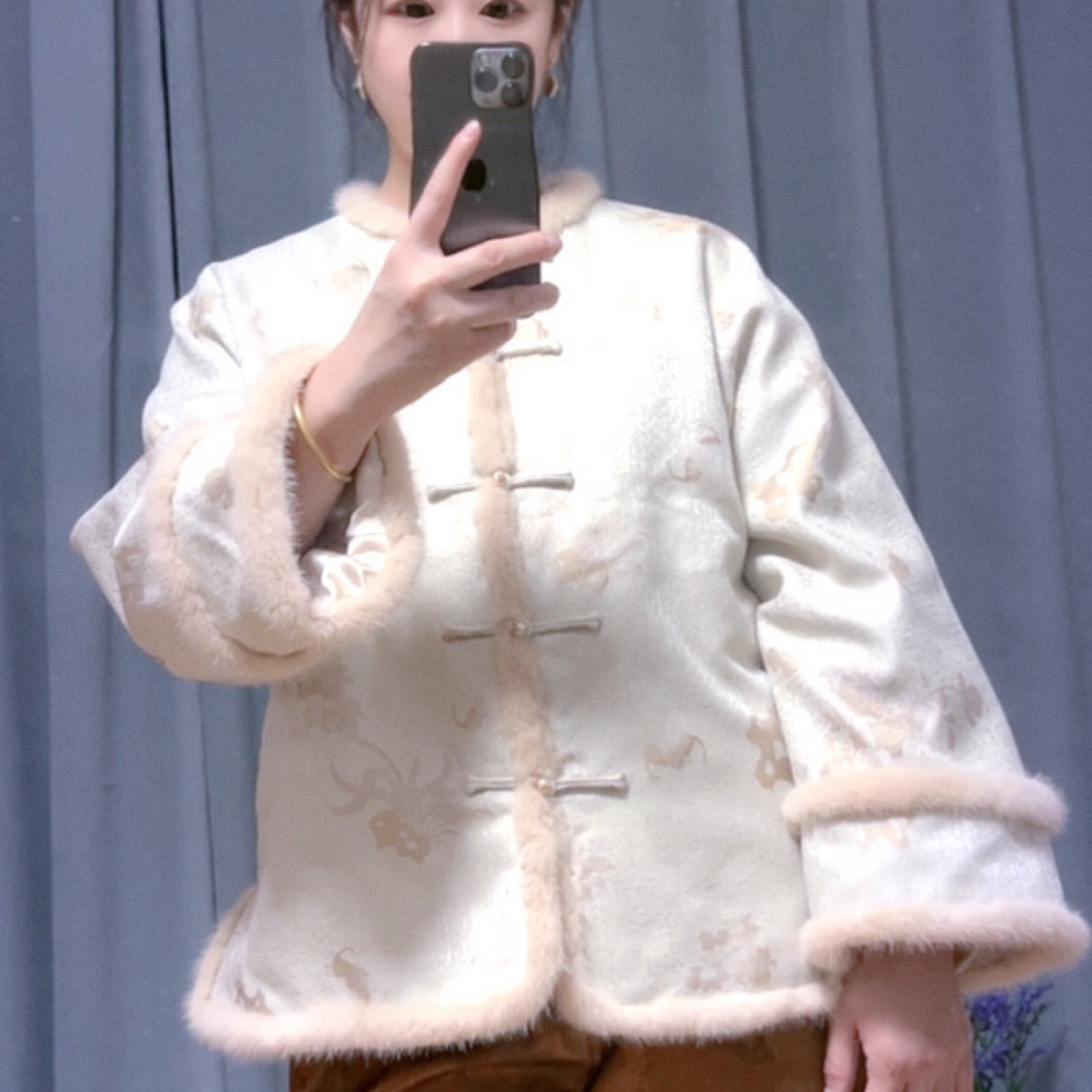 上久楷丝毛山石牡丹国风新中式女装真丝桑蚕丝加厚保暖棉衣棉服